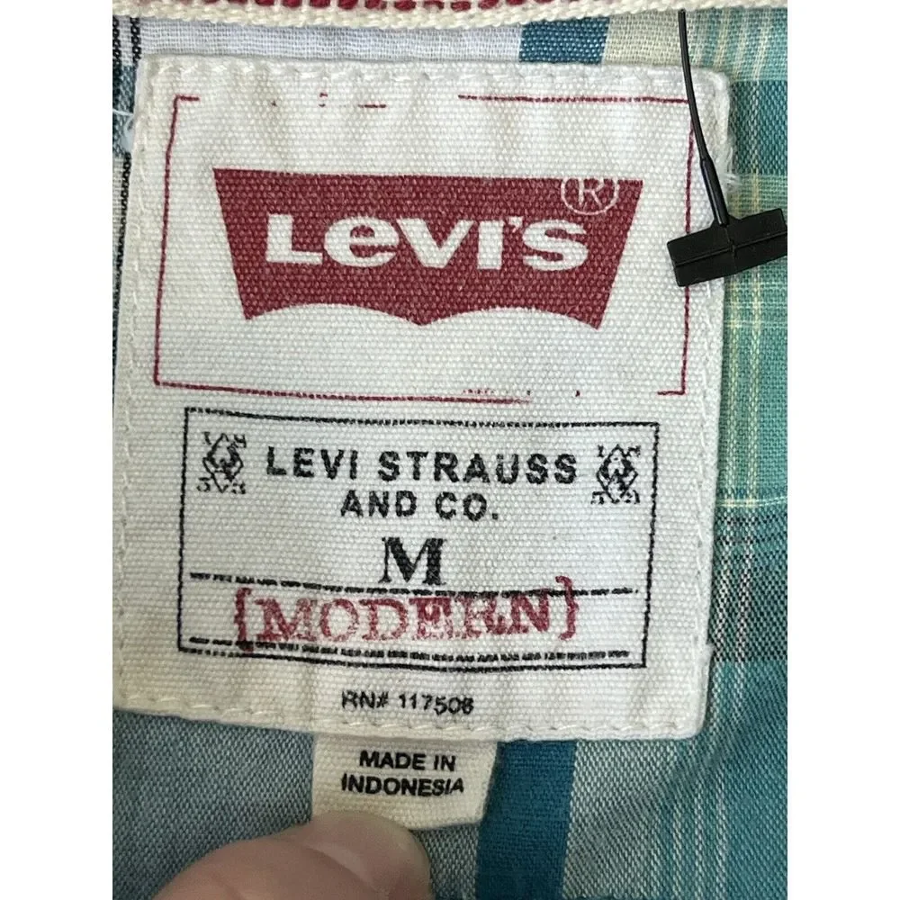 Levis Western Blue Green Plaid Pearl Snap Button Front Shirt Mens‎ M